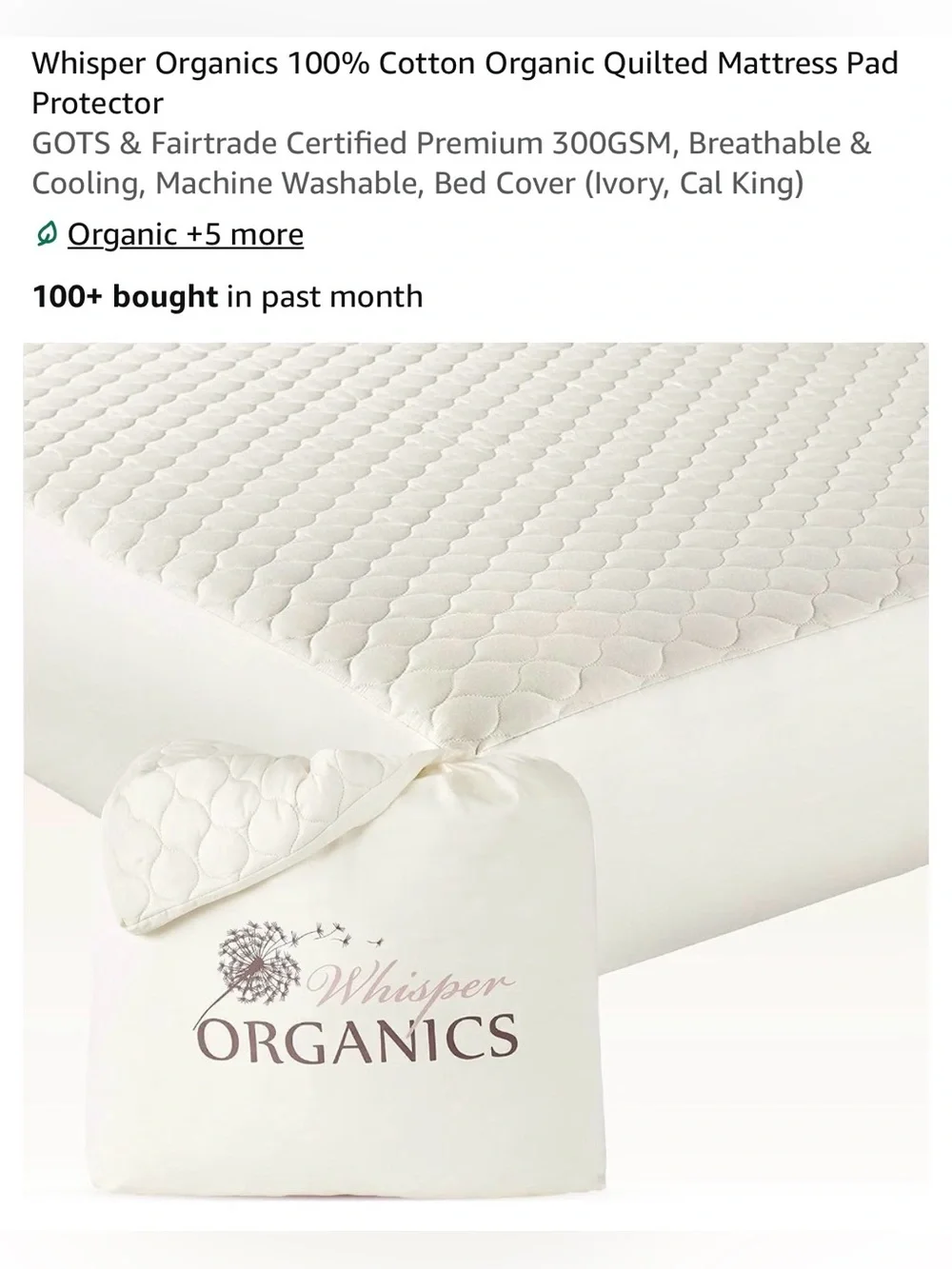 Whisper Organics California King Ivory Quilted Mattress Pad Protector